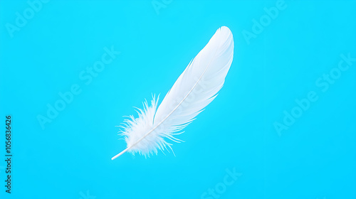 Single white feather isolated on a bright blue background.