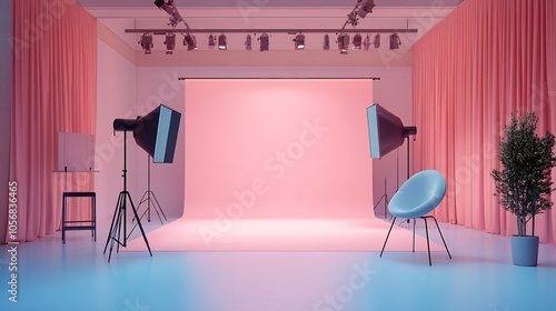 Modern Photography Studio with Elegant Pink Backdrop and Professional Lighting Equipment : Generative AI