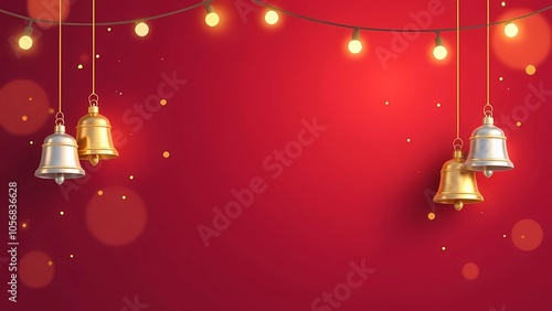 Christmas or New Year bells hanging on strings on a red or burgundy background with lights, bokeh and a garland of bulbs. Greeting card background or layout