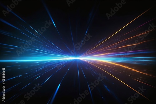 Glowing blue laser beams burst through the dark space, creating a dynamic, shiny pattern
