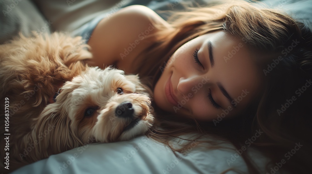 Serene Morning Woman Relaxing with Her Fluffy Dog in Cozy Bedroom Setting : Generative AI Serene Morning Woman Relaxing with Her Fluffy Dog in Cozy Bedroom Setting : Generative AI