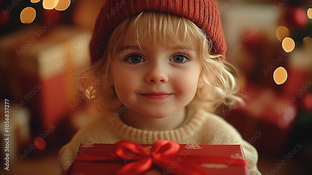 Joyful Child in Warm Clothes Holding a Gift Box with Festive Christmas Lights : Generative AI Joyful Child in Warm Clothes Holding a Gift Box with Festive Christmas Lights : Generative AI