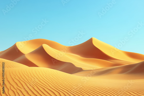 Expansive golden sand dunes under a clear blue sky, showcasing the natural beauty and tranquility of a desert landscape.