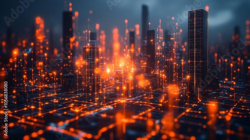 Futuristic Cityscape with Glowing Orange Lines and Lights