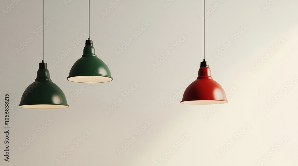 Minimal red and green pendant lamps hang in gentle tones against a light background, creating a serene, balanced composition. Minimal red and green pendant lamps hang in gentle tones against a light background, creating a serene, balanced composition.