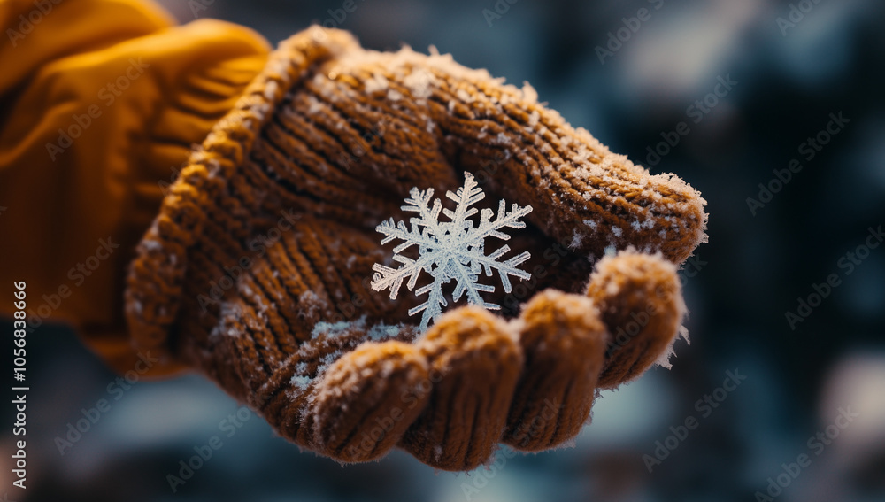 Frosty Snowflake in Hand with Cozy Knit Glove, Winter Close-Up Frosty Snowflake in Hand with Cozy Knit Glove, Winter Close-Up