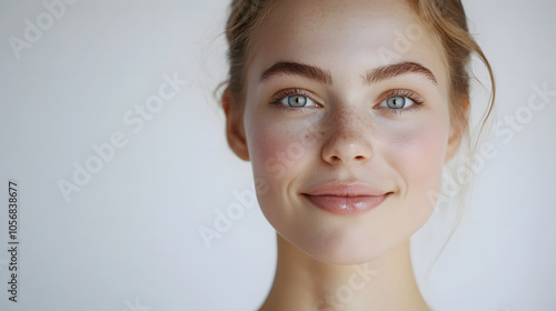 Close-up portrait of a young woman with clear skin, soft freckles, and natural makeup. A gentle smile and a warm, inviting gaze that emphasises natural beauty photo