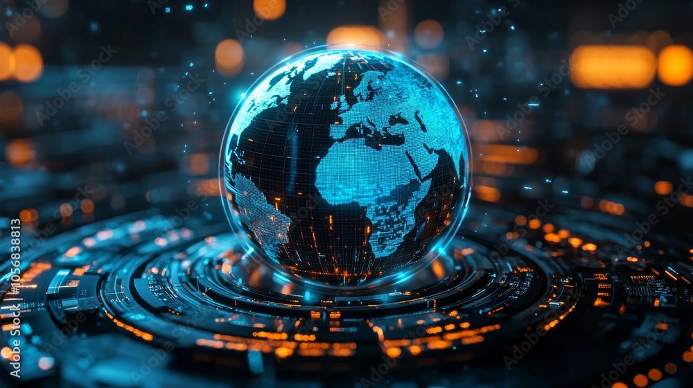 Digital Earth Globe on Futuristic Interface with Blue and Orange Lights Digital Earth Globe on Futuristic Interface with Blue and Orange Lights