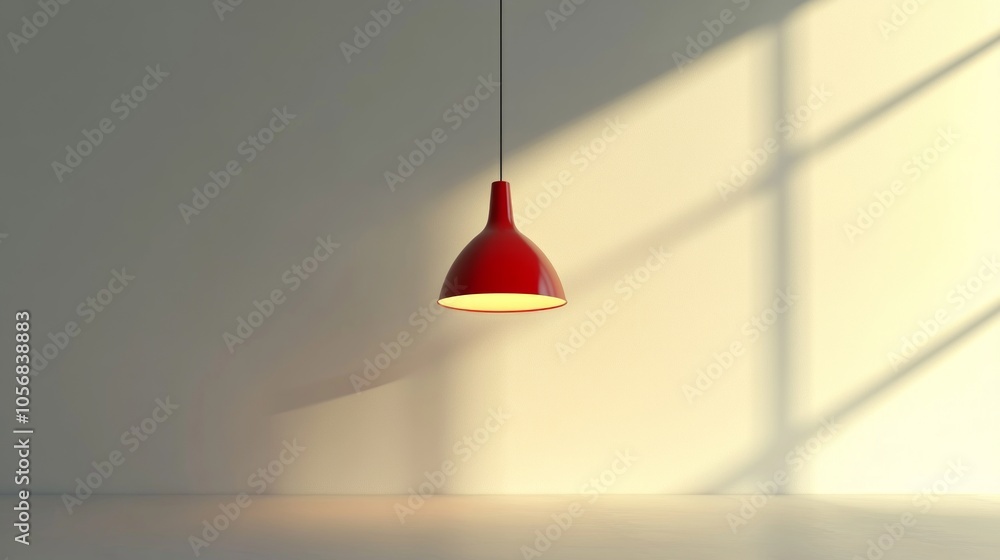 Minimalist red pendant lamp, hanging gently in soft light against a white wall; a calm, simple scene with soft shadows. Minimalist red pendant lamp, hanging gently in soft light against a white wall; a calm, simple scene with soft shadows.