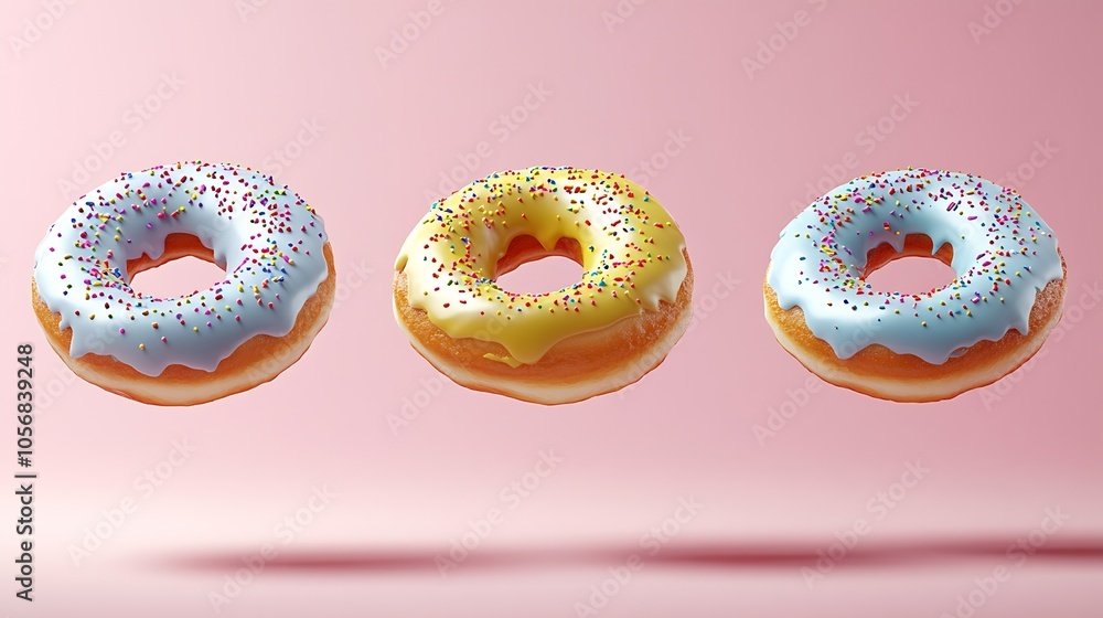Colorful Sprinkled Donuts on Soft Pink Background Floating Delightful Confections : Generative AI Colorful Sprinkled Donuts on Soft Pink Background Floating Delightful Confections : Generative AI
