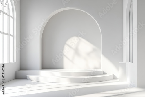 A serene, minimalistic interior space with an arched wall, soft shadows, and large windows, creating a bright and airy atmosphere.