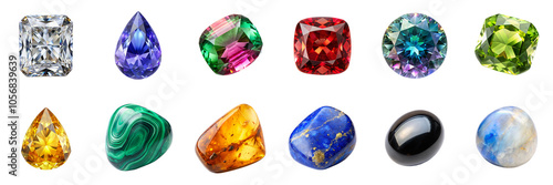 Gemstones, minerals isolated on transparent background. Includes alexandrite, amber, citrine, lapis lazuli, malachite, moonstone, onyx, and more in png collection photo