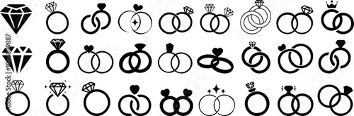 Engagement rings, wedding ring vector set, diamond icon Vector illustration of love and marriage symbols, perfect for wedding invitations, romantic designs, and jewelry branding