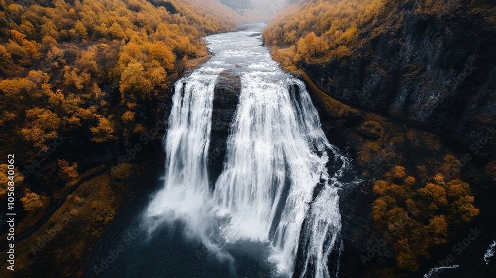Aerial view of a cascading waterfall surrounded by lush autumn foliage with vibrant orange and yellow trees, creating a picturesque natural landscape. Aerial view of a cascading waterfall surrounded by lush autumn foliage with vibrant orange and yellow trees, creating a picturesque natural landscape.