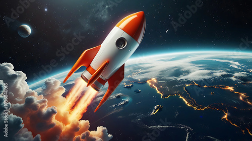 Wallpaper Mural 3D rocket in space, a rocket takes off into a sky leaving a fiery trail behind. Torontodigital.ca