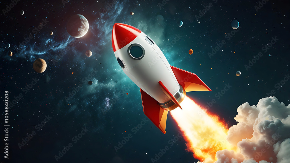 3D rocket in space, a rocket takes off into a sky leaving a fiery trail behind. 3D rocket in space, a rocket takes off into a sky leaving a fiery trail behind.