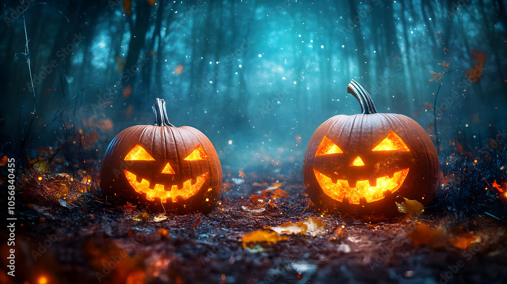 Spooky Jack-O-Lantern in Foggy Forest Illustration Spooky Jack-O-Lantern in Foggy Forest Illustration