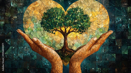 A symbolic illustration of hands supporting a tree growing from a heart shape, representing environmental sustainability and compassion. The geometric design uses earthy tones and vibrant green,