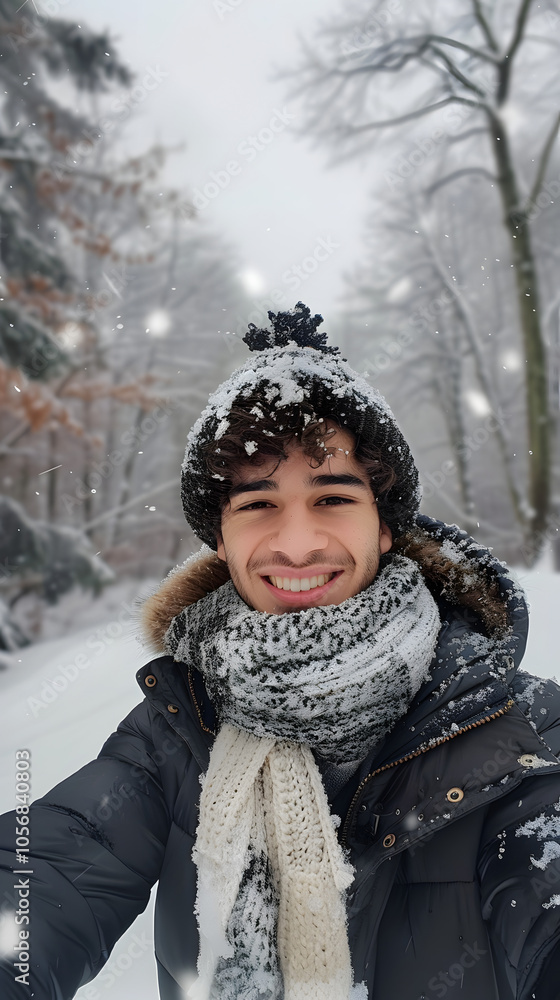 Smiling Man in Snowy Forest with Winter Outfit Smiling Man in Snowy Forest with Winter Outfit