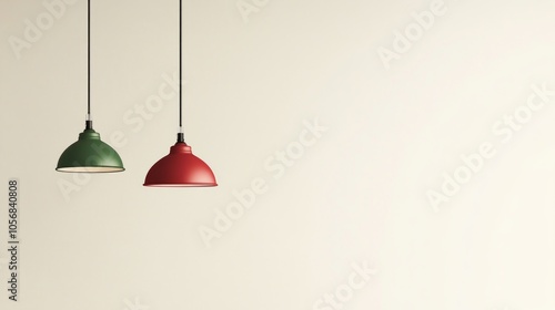 Red and green pendant lamps in soft, minimal tones, hanging in a simple, elegant set against a pale, neutral background.