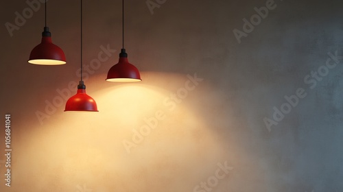 Set of red pendant lamps in warm, muted tones, gently illuminated against a light, plain wall; minimalist aesthetic with a cozy feel.