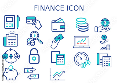 Comprehensive Vector Icon Set Representing Key Finance Concepts: Banking, Investment, Budgeting, Cryptocurrency, Insurance, and Wealth Management for Modern Financial Design