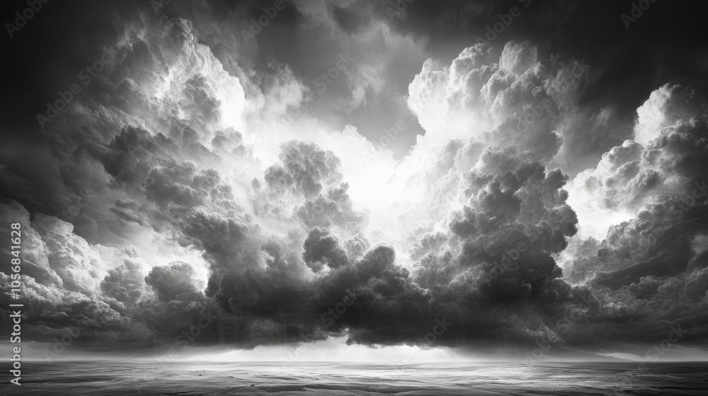 Dramatic Black and White Cloudscape Over a Desolate Landscape Dramatic Black and White Cloudscape Over a Desolate Landscape