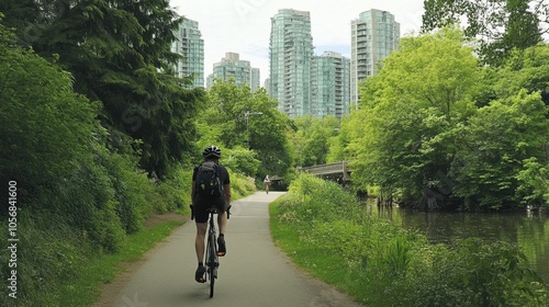 Serene Urban Oasis: Cycling Through a Lush Green Corridor