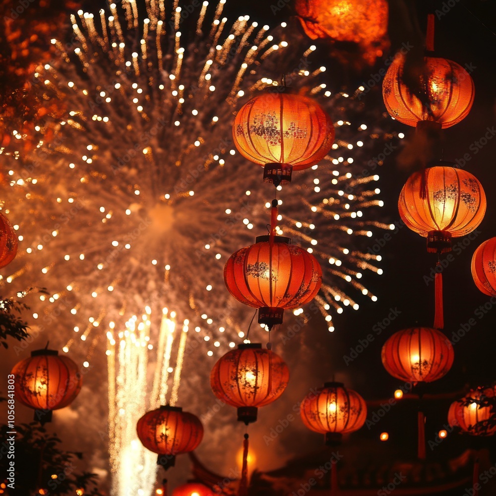 New Year festival fireworks and lanterns New Year festival fireworks and lanterns