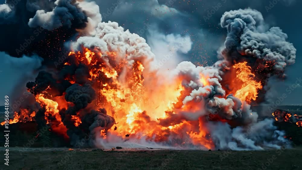 A large explosion with a lot of smoke and fire. The explosion is very large and has a lot of debris A large explosion with a lot of smoke and fire. The explosion is very large and has a lot of debris