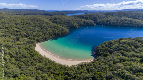 Aerial view of a secluded cove with a pristine beach.