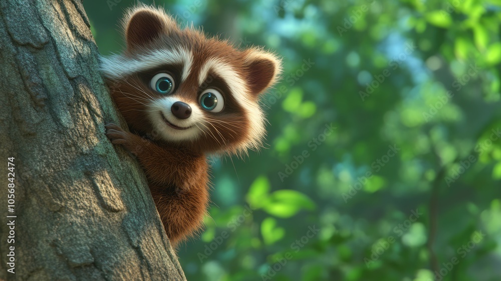 Fototapeta premium Curious Raccoon Peeking Out from a Tree