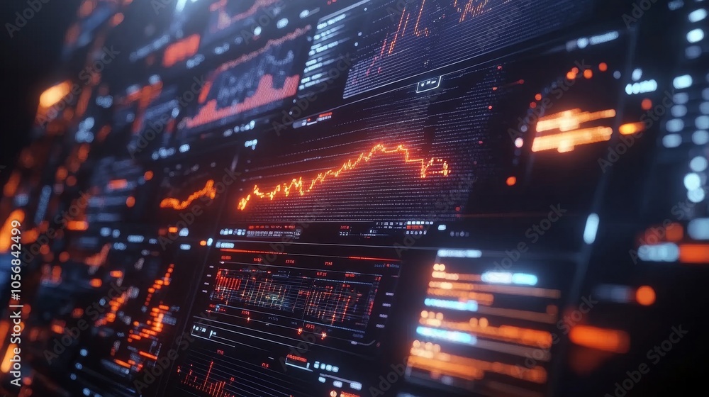 Digital Interface with Orange and Blue Glowing Lines and Data