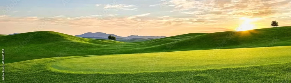 Fototapeta premium Sunset over green hills, long shadows stretching across the grass, soft pastels in the sky, few isolated trees, inviting tones, dynamic lighting, balanced scenery