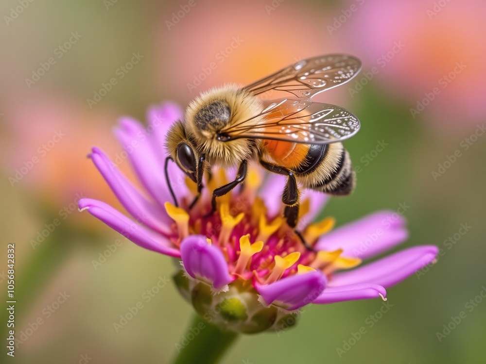 A close-up shot of a bee pollinating a colorful flower and collecting pollen, showcasing the beauty of nature and the importance of pollination in ecosystems, pollination, bee, fauna A close-up shot of a bee pollinating a colorful flower and collecting pollen, showcasing the beauty of nature and the importance of pollination in ecosystems, pollination, bee, fauna