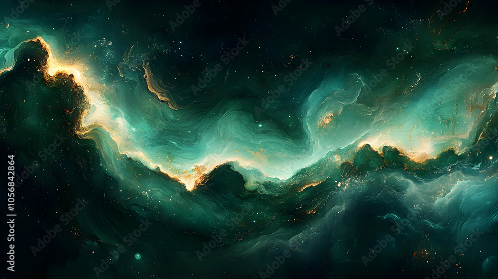 Abstract Green and Gold Swirls with Stars - Abstract Background Abstract Green and Gold Swirls with Stars - Abstract Background