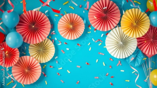 Colorful festive background with blue balloons, paper fans, and confetti scattered all over, celebration, joy