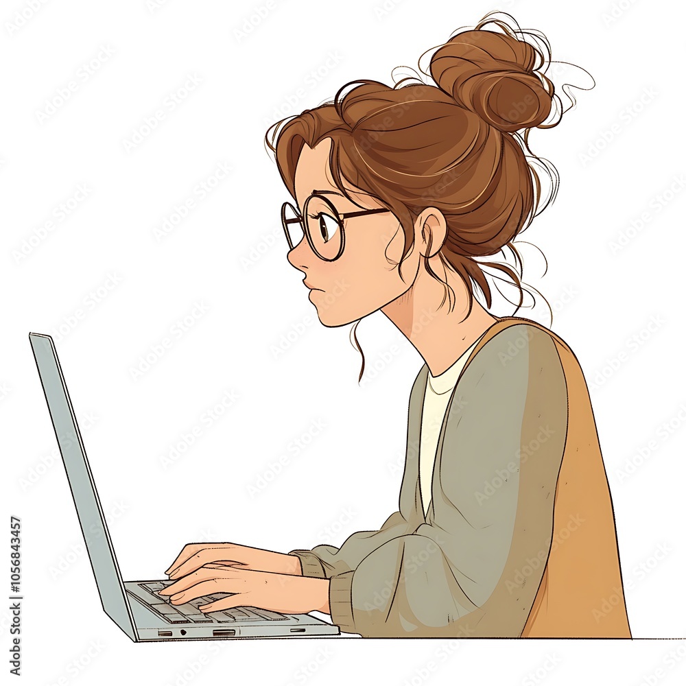 Cartoon employee typing fast with a focused look, looking at the screen on a white background. Cartoon employee typing fast with a focused look, looking at the screen on a white background.