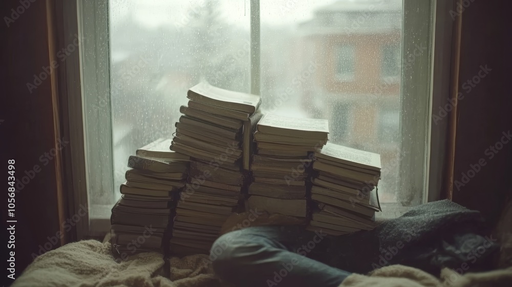 Cozy reading nook, books stacked on window sill, perfect for book lovers and home decor inspiration Cozy reading nook, books stacked on window sill, perfect for book lovers and home decor inspiration
