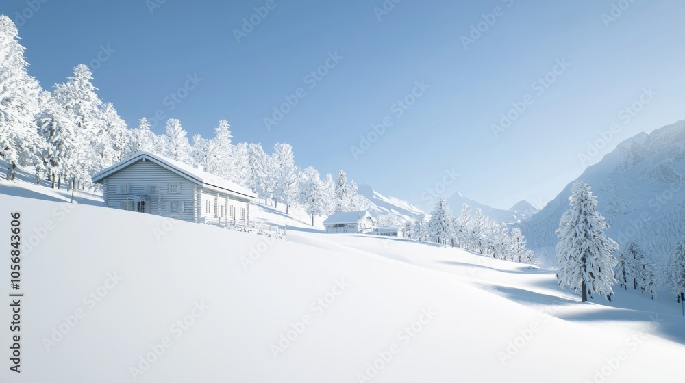 Fototapeta premium Winter Wonderland Retreat - Cozy Cabin in Snowy Landscape for Winter Sports Enthusiasts