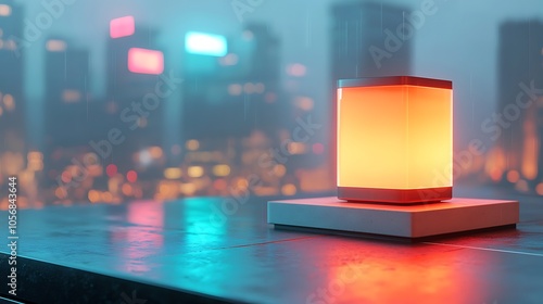 Illuminated modern lamp on urban rooftop with a blurred cityscape background in rainy weather