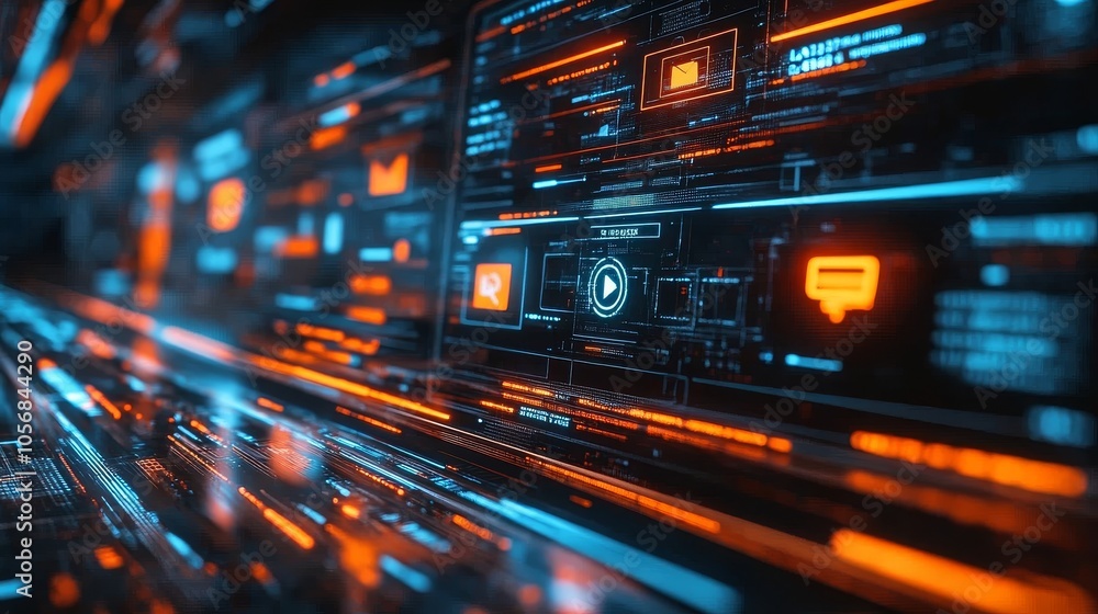 Abstract Digital Interface with Blue and Orange Glowing Lines Abstract Digital Interface with Blue and Orange Glowing Lines