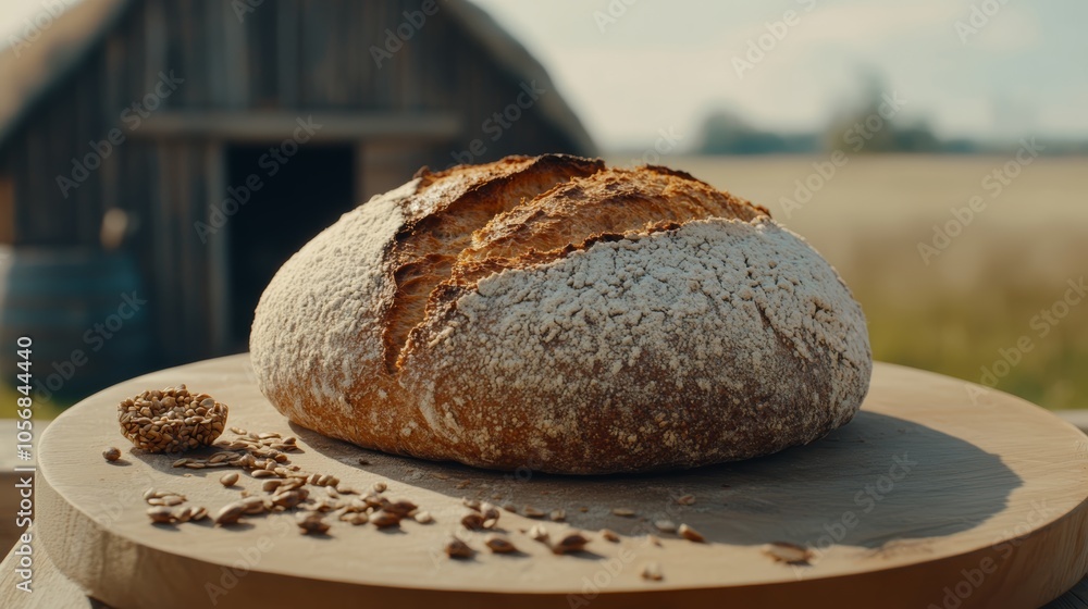 Delicious golden brown loaf of bread on rustic wooden plate, freshly baked and ready to enjoy Delicious golden brown loaf of bread on rustic wooden plate, freshly baked and ready to enjoy