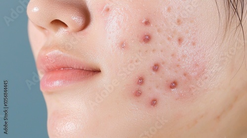 Close-up of a person's face with acne on the cheek, showing skin imperfections. photo