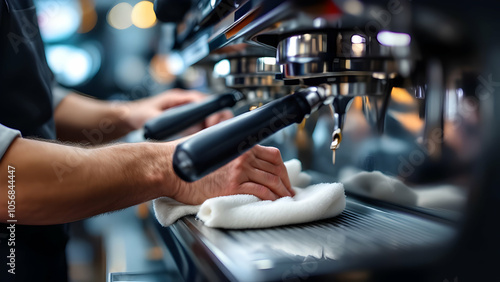 Barista Cleaning Espresso Machine with Towels photo