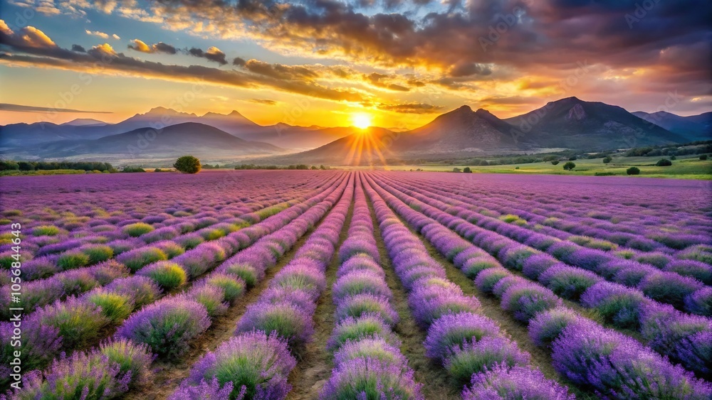 Aerial view of sunset over lavender field and mountains Aerial view of sunset over lavender field and mountains