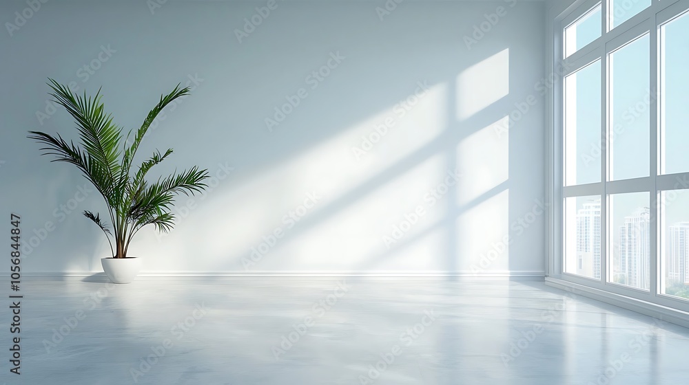 Bright and airy indoor space featuring lush green plant with large windows and natural light streaming in Bright and airy indoor space featuring lush green plant with large windows and natural light streaming in