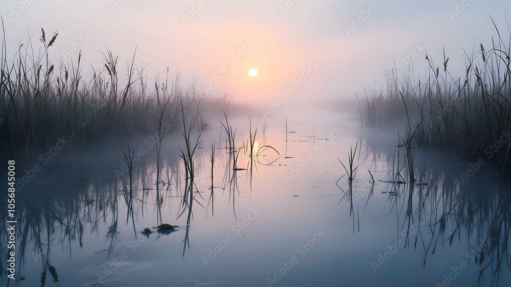 Fototapeta premium Serene Sunrise Over Misty Water Landscape