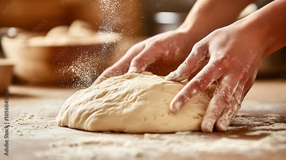 Rustic Homemade Bread Dough Kneading by Hand in Flour Kitchen : Generative AI Rustic Homemade Bread Dough Kneading by Hand in Flour Kitchen : Generative AI