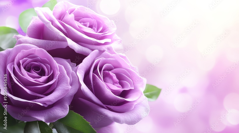Stunning bouquet of three purple roses on a pink background, captivating floral arrangement Stunning bouquet of three purple roses on a pink background, captivating floral arrangement